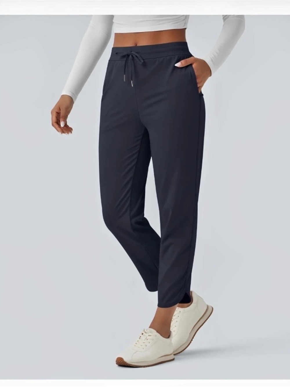 Mid Rise Drawstring Curved Hem Quick Dry Golf Tapered Pants with Pockets-UPF40+